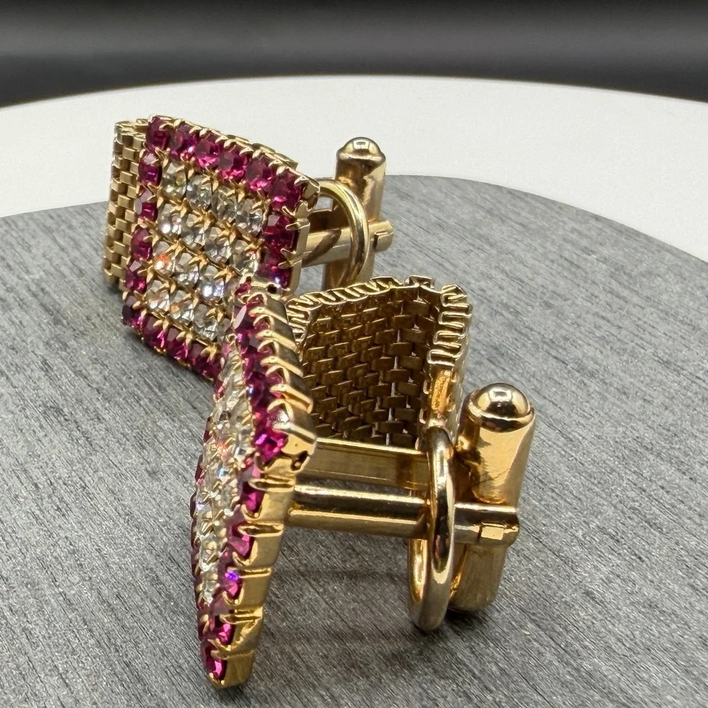 Gold Tone Pink Clear Rhinestone Square Wraparound Mesh Cufflinks Formal Jewelry